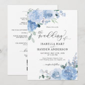 ダスティーブルー ライト オールインワン QRコード フラワー ウェディング 招待状 (正面/裏面)