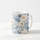 ダスティーブルー 水彩 イボリー 花 葉 ラスティック コーヒーマグカップ (正面右)