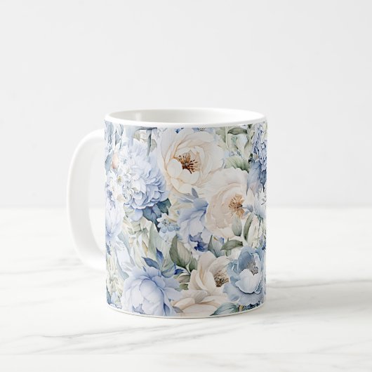 ダスティーブルー 水彩 イボリー 花 葉 ラスティック コーヒーマグカップ (正面左)