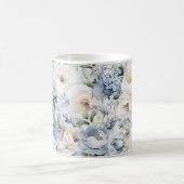 ダスティーブルー 水彩 イボリー 花 葉 ラスティック コーヒーマグカップ (中央)