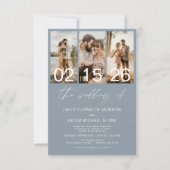 ダスティーブルー 結婚式の写真 QRコード エレガント 招待状 (正面)