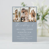 ダスティーブルー 結婚式の写真 QRコード エレガント 招待状 (スタンド正面)