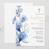 ダスティーブルー 透明 フラワー モノグラム 洗礼 招待状 (正面/裏面)