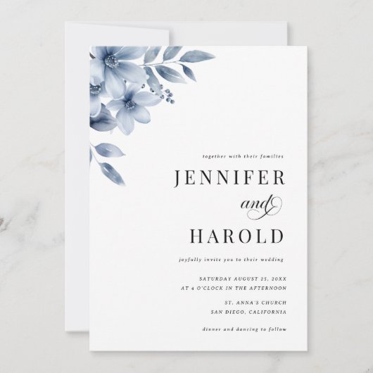 ダスティーミニマルブルーの結婚フローラ 招待状 (正面)