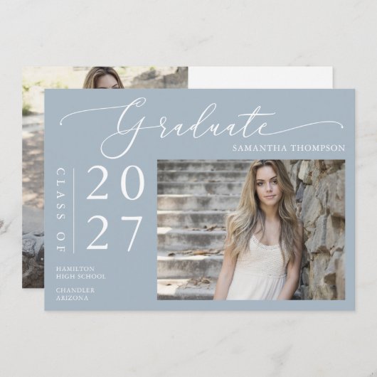 ダスティーミニマルブルースクリプト学校卒業写真 招待状 (正面/裏面)