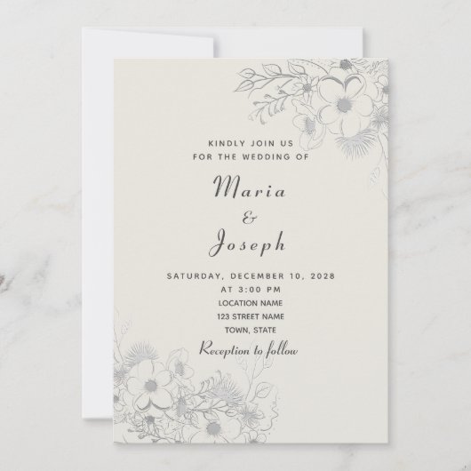 ダスティーミニマルブルーフローラ結婚式招待状 招待状 (正面)