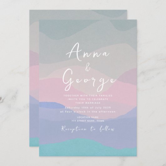 ダスティーミニマルブルーボホ結婚式招待状 招待状 (正面/裏面)