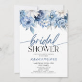 ダスティーモダンスエレガントブルーフローラブライダルシャワー 招待状 (正面)