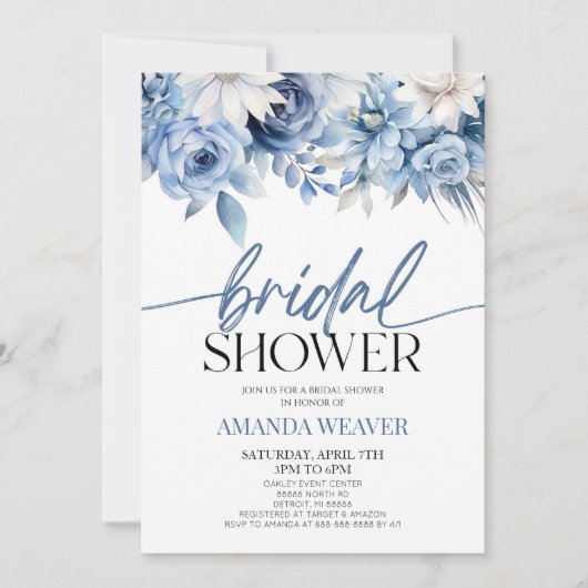 ダスティーモダンスエレガントブルーフローラブライダルシャワー 招待状 (正面)