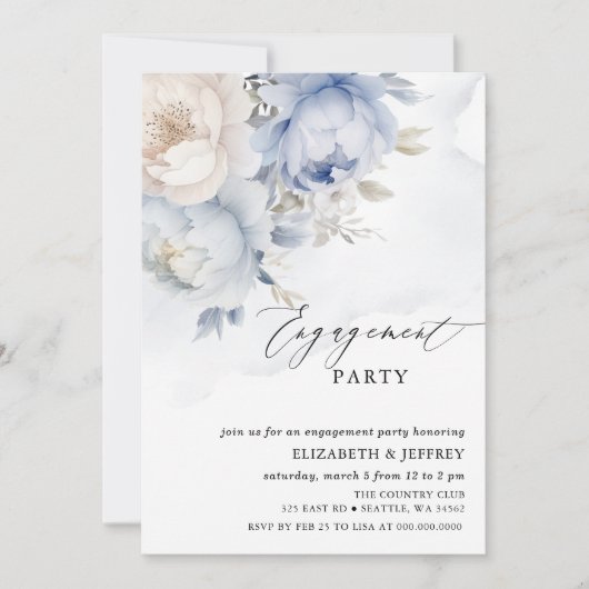 ダスティーモダンスエレガントブルーフローラ婚約パーティ 招待状 (正面)