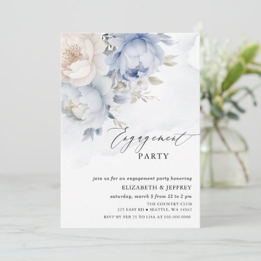 ダスティーモダンスエレガントブルーフローラ婚約パーティ 招待状 (スタンド正面)