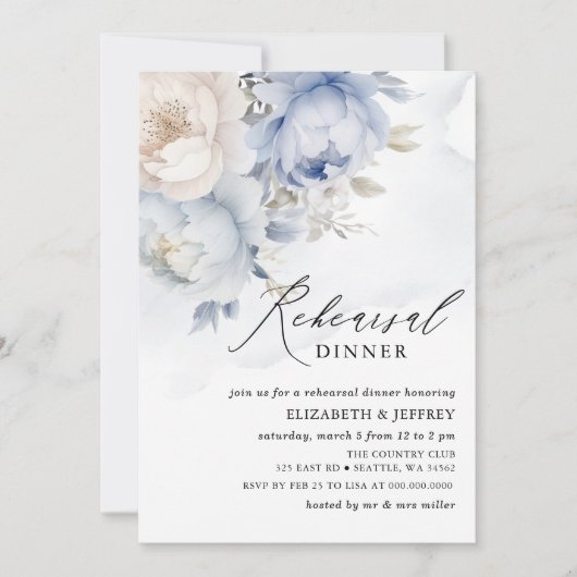 ダスティーモダンブエレガントルフローラリハーサルディナー 招待状 (正面)