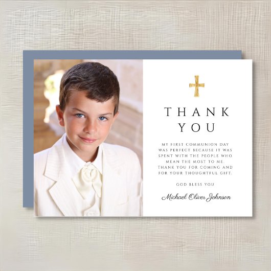 ダスティーモダンブルークロスボーイファーストコミュニオンフォト サンキューカード