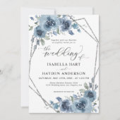ダスティーモダンブルーシックフローラシルバーフレーム結婚ズ 招待状 (正面)