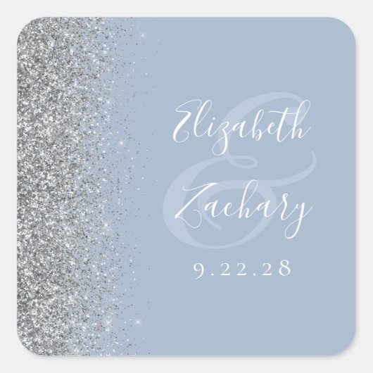 ダスティーモダンブルーシルバーグリッターエッジ結婚ズ スクエアシール (正面)