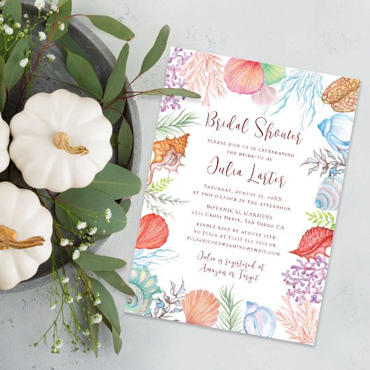 ダスティーモダンブルーシーシェルビーチブライダルシャワー 招待状