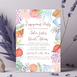 ダスティーモダンブルーシーシェルビーチ婚約パーティ 招待状