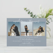 ダスティーモダンブルースクリプトフォトコラージュ結婚ズ 招待状 (スタンド正面)