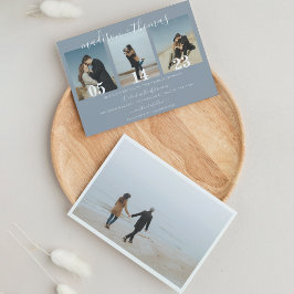 ダスティーモダンブルースクリプトフォトコラージュ結婚ズ 招待状