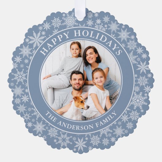 ダスティーモダンブルースノーフレークHappy Holidays写真 オーナメントカード (正面)