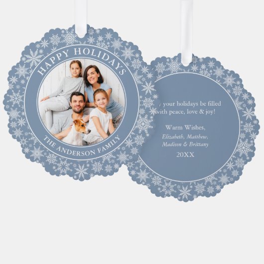 ダスティーモダンブルースノーフレークHappy Holidays写真 オーナメントカード (正面/裏面)