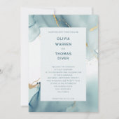 ダスティーモダンブルーティール（緑がかった色）タイポグラフィビーチ結婚式 招待状 (正面)