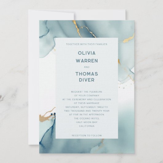 ダスティーモダンブルーティール（緑がかった色）タイポグラフィビーチ結婚式 招待状 (正面)