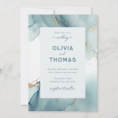 ダスティーモダンブルーティール(緑がかった色)フレエレガントームビーチ結婚式 招待状 (正面)