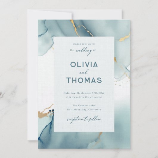 ダスティーモダンブルーティール（緑がかった色）フレエレガントームビーチ結婚式 招待状 (正面)