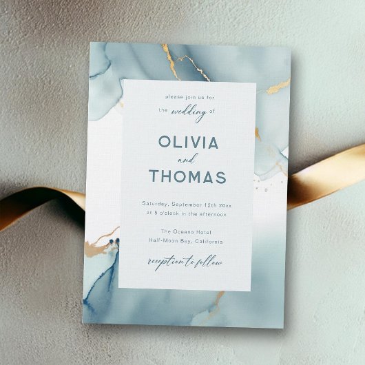 ダスティーモダンブルーティール(緑がかった色)フレエレガントームビーチ結婚式 招待状