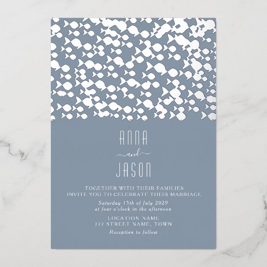 ダスティーモダンブルービーチ結婚式 箔招待状 (正面)