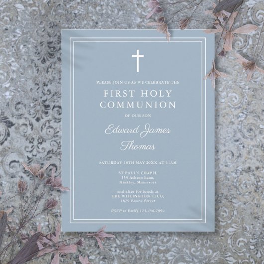 ダスティーモダンブルーファースト聖餐式招待状 ポストカード