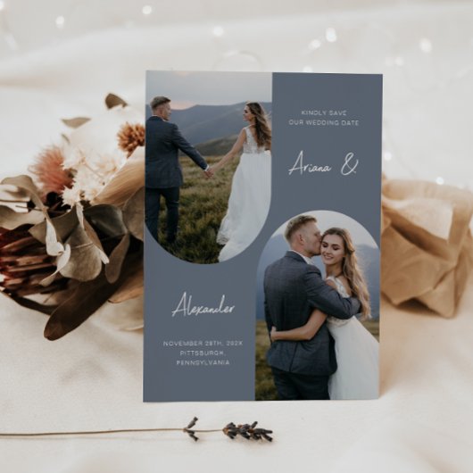 ダスティーモダンブルーフォトアーチ結婚ズ セーブザデート