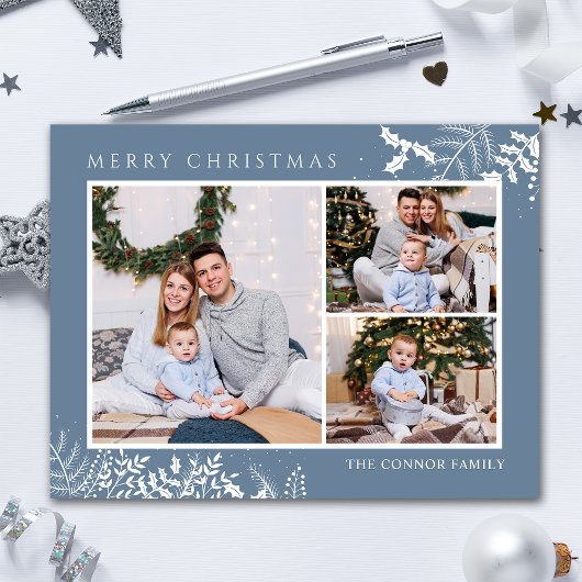 ダスティーモダンブルーフォトコラージメリークリスマス ポストカード