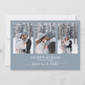 ダスティーモダンブルーフォトコラージモノグラム結婚ズ セーブザデート (正面)