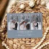 ダスティーモダンブルーフォトコラージモノグラム結婚ズ セーブザデート