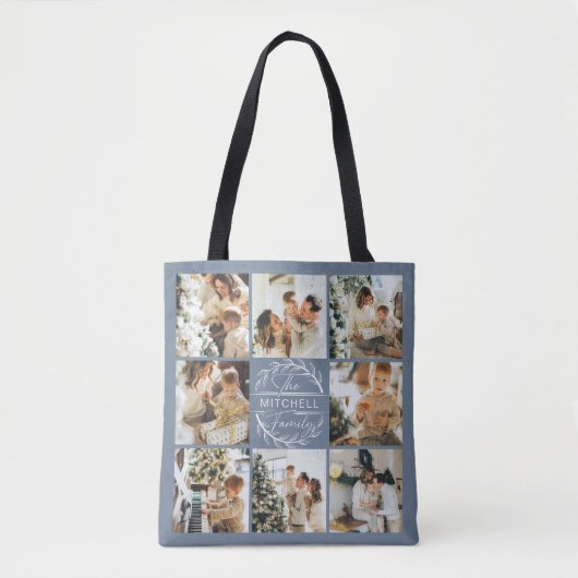 ダスティーモダンブルーフォトコラージュパーソナライズされた トートバッグ (正面)