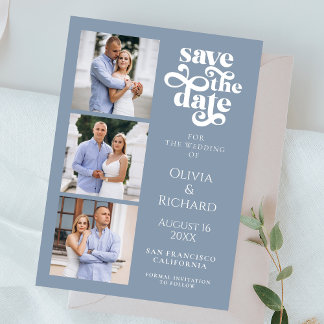 ダスティーモダンブルーフォトコラージュ結婚ズ セーブザデート
