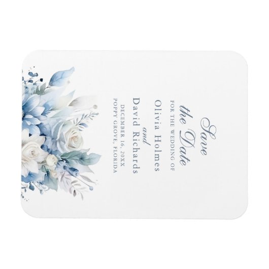 ダスティーモダンブルーフラワーデイトカードを保存 マグネット (横)