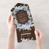 ダスティーモダンブルーフローラブーケバーンウッド結婚ズ オールインワン招待状 (貼ってはがせる)