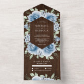 ダスティーモダンブルーフローラブーケバーンウッド結婚ズ オールインワン招待状 (内側)