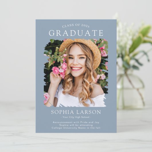 ダスティーモダンブルーブラシストローク写真卒業 案内状 (スタンド正面)