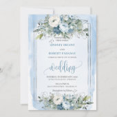 ダスティーモダンブルーホワイトシルバーバラズ結婚 招待状 (正面)