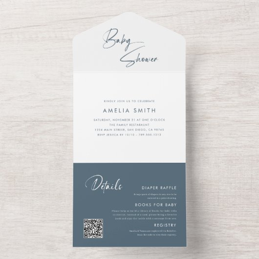 ダスティーモダンブルーミニマル手書き封筒 オールインワン招待状 (内側)