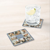 ダスティーモダンブルーモノグラムファミリー名&写真 スクエアペーパーコースター (インサイチュ)