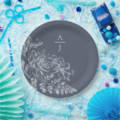 ダスティーモダンブルーモノグラムフローラ紙プレート ペーパープレート (パーティー)