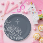 ダスティーモダンブルーモノグラムフローラ紙プレート ペーパープレート (パーティー)