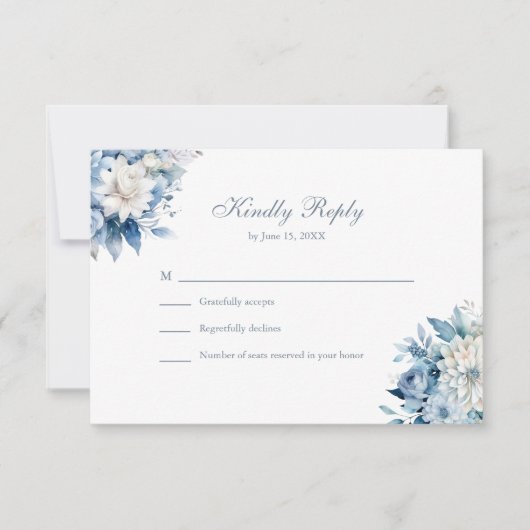 ダスティーモダンブルーワイルドフラワーウェディングRSVPカード サンキューカード (正面)