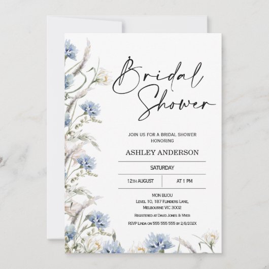 ダスティーモダンブルーワイルドフラワーズブライダルシャワー 招待状 (正面)