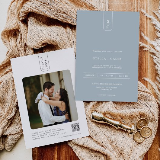 ダスティーモダンブルー幾何ミニマルアーチQRコード 招待状